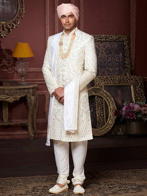 Кремовый и красный индийский свадебный мужской костюм из хлопка с шёлком