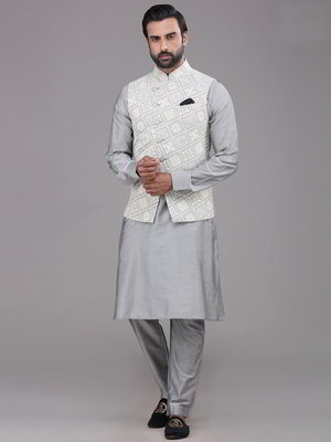 Серый хлопковый и шёлковый национальный мужской костюм с жилетом с пайетками
