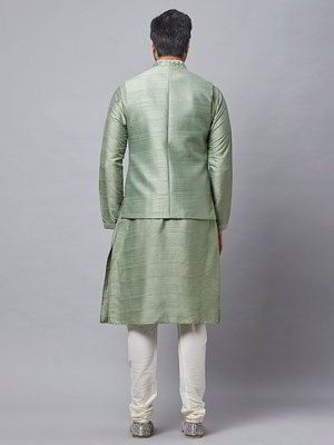 Фисташковый шёлковый национальный мужской костюм с жилетом с кусочками зеркалец