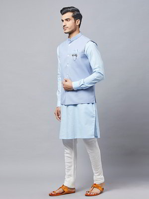 Синий хлопковый национальный мужской костюм с жилетом