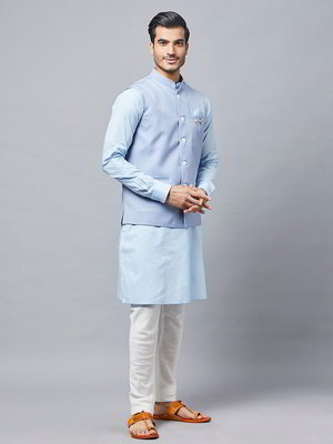 Синий хлопковый национальный мужской костюм с жилетом