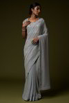 *Светло-серое изумительное нарядное красивое дорогое индийское сари из фатина, украшенное вышивкой