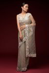 *Светло-серое изумительное красивое дорогое индийское сари из фатина, украшенное вышивкой