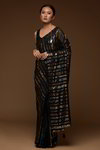 *Чёрное изумительное нарядное красивое дорогое индийское сари из креп-жоржета, украшенное вышивкой