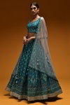 *Сине-зелёный и синий индийский женский свадебный костюм лехенга (ленга) чоли из шёлка-сырца, крепа и шёлка без рукавов, украшенный вышивкой