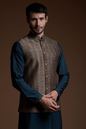 Синий шёлковый индийский национальный мужской костюм