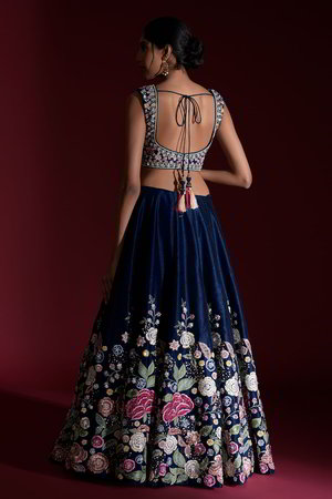 Тёмно-синий индийский женский свадебный костюм лехенга (ленга) чоли из натурального шёлка без рукавов, украшенный вышивкой