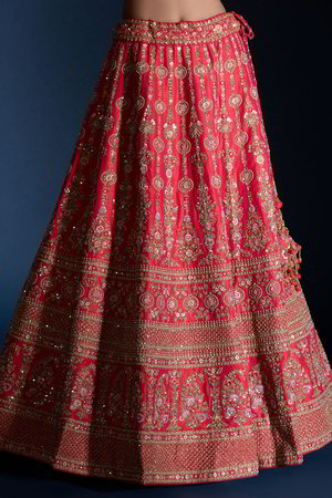 Розовый и красный индийский женский свадебный костюм лехенга (ленга) чоли из натурального шёлка-сырца и шёлка с рукавами ниже локтя, украшенный вышивкой