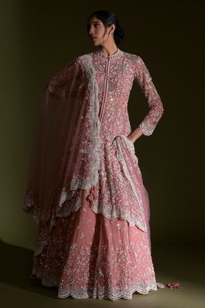 Розовый индийский женский свадебный костюм лехенга (ленга) чоли из фатина с рукавами три-четверти, украшенный вышивкой