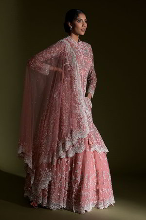 Розовый индийский женский свадебный костюм лехенга (ленга) чоли из фатина с рукавами три-четверти, украшенный вышивкой