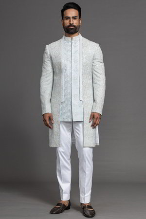 Синий шёлковый индийский свадебный мужской костюм / шервани