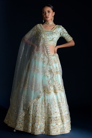 Синий индийский женский свадебный костюм лехенга (ленга) чоли из органзы с рукавами ниже локтя, украшенный вышивкой