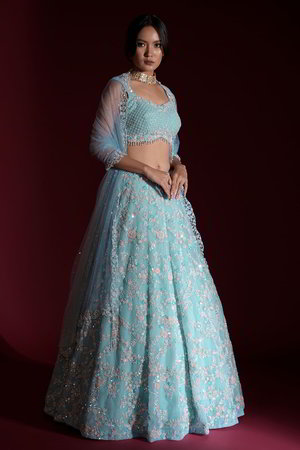 Синий индийский женский свадебный костюм лехенга (ленга) чоли из органзы, крепа и фатина без рукавов, украшенный вышивкой
