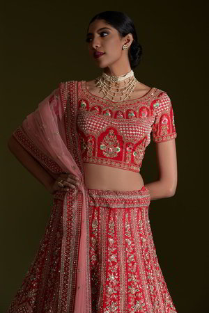 Красный индийский женский свадебный костюм лехенга (ленга) чоли из натурального шёлка с короткими рукавами, украшенный вышивкой