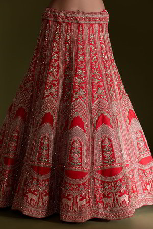 Красный индийский женский свадебный костюм лехенга (ленга) чоли из натурального шёлка с короткими рукавами, украшенный вышивкой