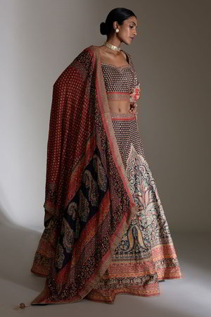 Синий индийский женский свадебный костюм лехенга (ленга) чоли из натурального шёлка с длинными рукавами