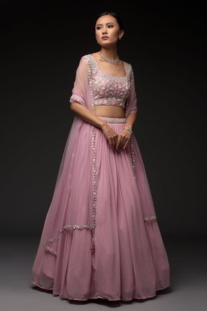 Розовый индийский женский свадебный костюм лехенга (ленга) чоли из органзы и шёлка без рукавов, украшенный вышивкой