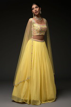 Лимонно-жёлтый и жёлтый индийский женский свадебный костюм лехенга (ленга) чоли из органзы и шёлка без рукавов, украшенный вышивкой