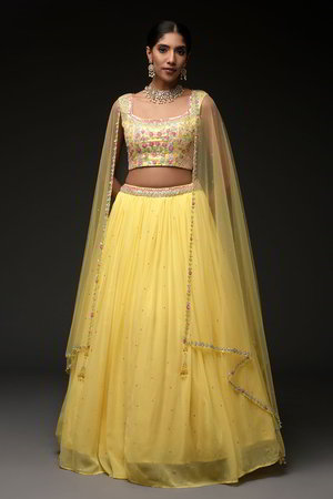 Лимонно-жёлтый и жёлтый индийский женский свадебный костюм лехенга (ленга) чоли из органзы и шёлка без рукавов, украшенный вышивкой