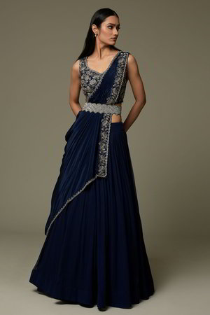 Тёмно-синий индийский женский свадебный костюм лехенга (ленга) чоли из креп-жоржета и шёлка без рукавов, украшенный вышивкой