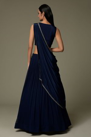 Тёмно-синий индийский женский свадебный костюм лехенга (ленга) чоли из креп-жоржета и шёлка без рукавов, украшенный вышивкой