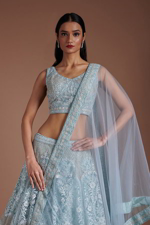 Синий индийский женский свадебный костюм лехенга (ленга) чоли из фатина без рукавов, украшенный скрученной шёлковой нитью со стразами, пайетками