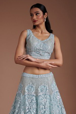 Синий индийский женский свадебный костюм лехенга (ленга) чоли из фатина без рукавов, украшенный скрученной шёлковой нитью со стразами, пайетками