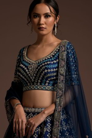 Тёмно-синий и синий индийский женский свадебный костюм лехенга (ленга) чоли из натурального хлопка с шёлком, украшенный вышивкой