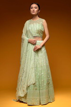 Светло-зелёный и зелёный индийский женский свадебный костюм лехенга (ленга) чоли из креп-жоржета и фатина без рукавов, украшенный вышивкой