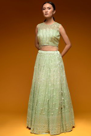 Светло-зелёный и зелёный индийский женский свадебный костюм лехенга (ленга) чоли из креп-жоржета и фатина без рукавов, украшенный вышивкой