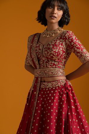 Розовый и красный индийский женский свадебный костюм лехенга (ленга) чоли из натурального шёлка с рукавами ниже локтя, украшенный вышивкой