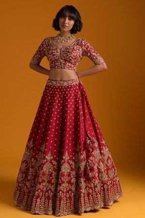 Розовый и красный индийский женский свадебный костюм лехенга (ленга) чоли из натурального шёлка с рукавами ниже локтя, украшенный вышивкой