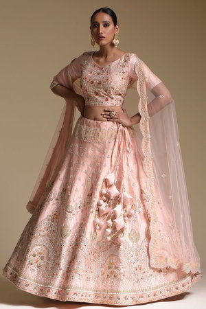 Розовый индийский женский свадебный костюм лехенга (ленга) чоли из натурального шёлка с короткими рукавами, украшенный вышивкой