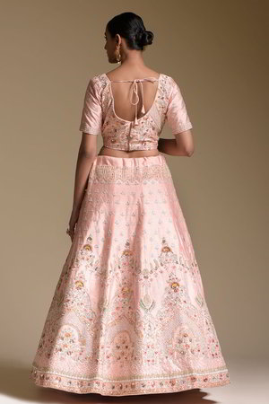 Розовый индийский женский свадебный костюм лехенга (ленга) чоли из натурального шёлка с короткими рукавами, украшенный вышивкой