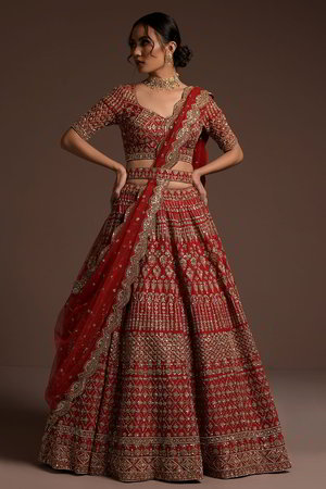 Красный индийский женский свадебный костюм лехенга (ленга) чоли из натурального хлопка с шёлком, украшенный вышивкой