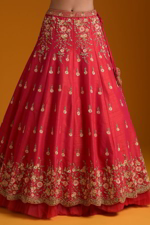 Оранжевый и розовый индийский женский свадебный костюм лехенга (ленга) чоли из шёлка-сырца, крепа и шёлка без рукавов, украшенный вышивкой