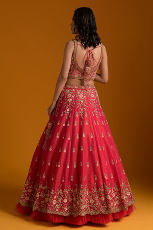 Оранжевый и розовый индийский женский свадебный костюм лехенга (ленга) чоли из шёлка-сырца, крепа и шёлка без рукавов, украшенный вышивкой