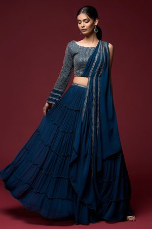 Синий и тёмно-синий индийский женский свадебный костюм лехенга (ленга) чоли из креп-жоржета, украшенный вышивкой