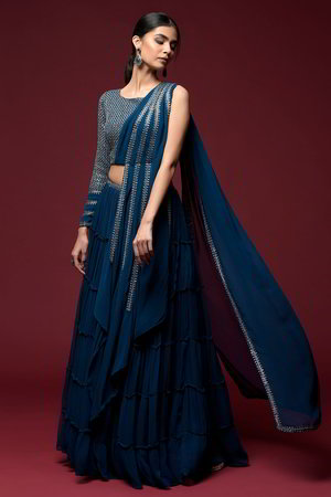 Синий и тёмно-синий индийский женский свадебный костюм лехенга (ленга) чоли из креп-жоржета, украшенный вышивкой