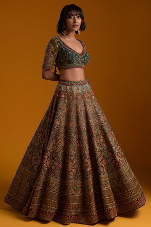 Разноцветный и зелёный бархатный индийский женский свадебный костюм лехенга (ленга) чоли, украшенный вышивкой