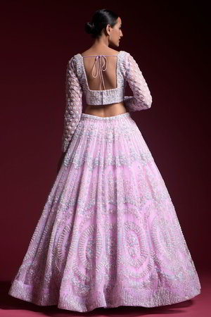 Фиолетовый и сиреневый индийский женский свадебный костюм лехенга (ленга) чоли из фатина с длинными рукавами, украшенный вышивкой