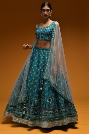 Сине-зелёный и синий индийский женский свадебный костюм лехенга (ленга) чоли из шёлка-сырца, крепа и шёлка без рукавов, украшенный вышивкой