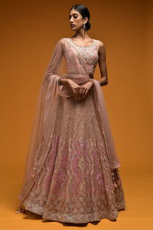 Персиковый индийский женский свадебный костюм лехенга (ленга) чоли из фатина без рукавов, украшенный вышивкой