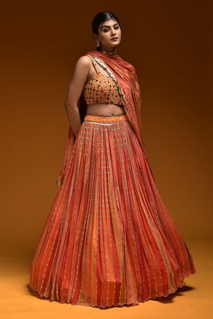 Оранжевый индийский женский свадебный костюм лехенга (ленга) чоли из крепа, украшенный вышивкой