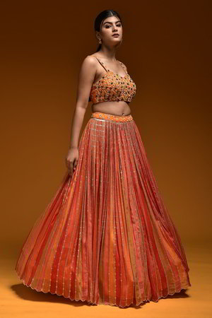 Оранжевый индийский женский свадебный костюм лехенга (ленга) чоли из крепа, украшенный вышивкой