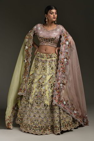 Фисташковый индийский женский свадебный костюм лехенга (ленга) чоли из натурального шёлка-сырца и шёлка с короткими рукавами, украшенный вышивкой