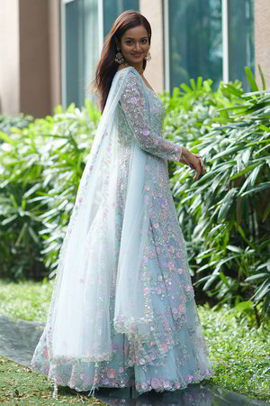 Синий индийский женский свадебный костюм лехенга (ленга) чоли из фатина с длинными рукавами, украшенный вышивкой