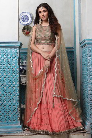 Лососевый, оранжевый, зелёный и серый индийский женский свадебный костюм лехенга (ленга) чоли из шёлка-сырца и крепа без рукавов, украшенный вышивкой