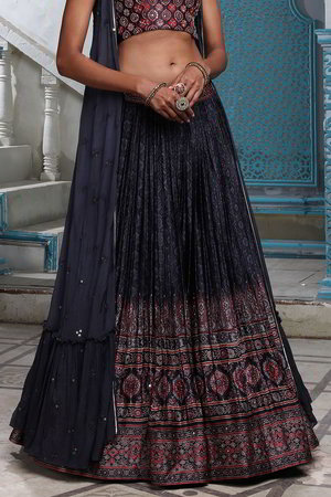 Синий индийский женский свадебный костюм лехенга (ленга) чоли из креп-шёлка, украшенный вышивкой