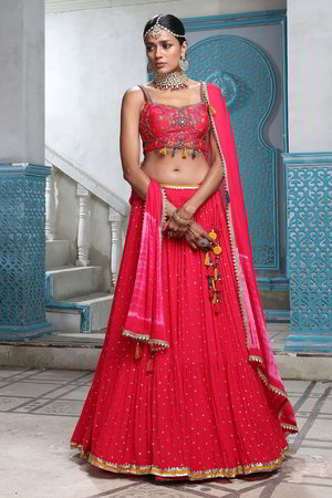 Насыщенно-розовый и розовый индийский женский свадебный костюм лехенга (ленга) чоли из креп-жоржета и шёлка, украшенный вышивкой